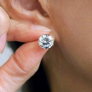 Classic Round Clear Stone Stud Earrings - Silver Tone